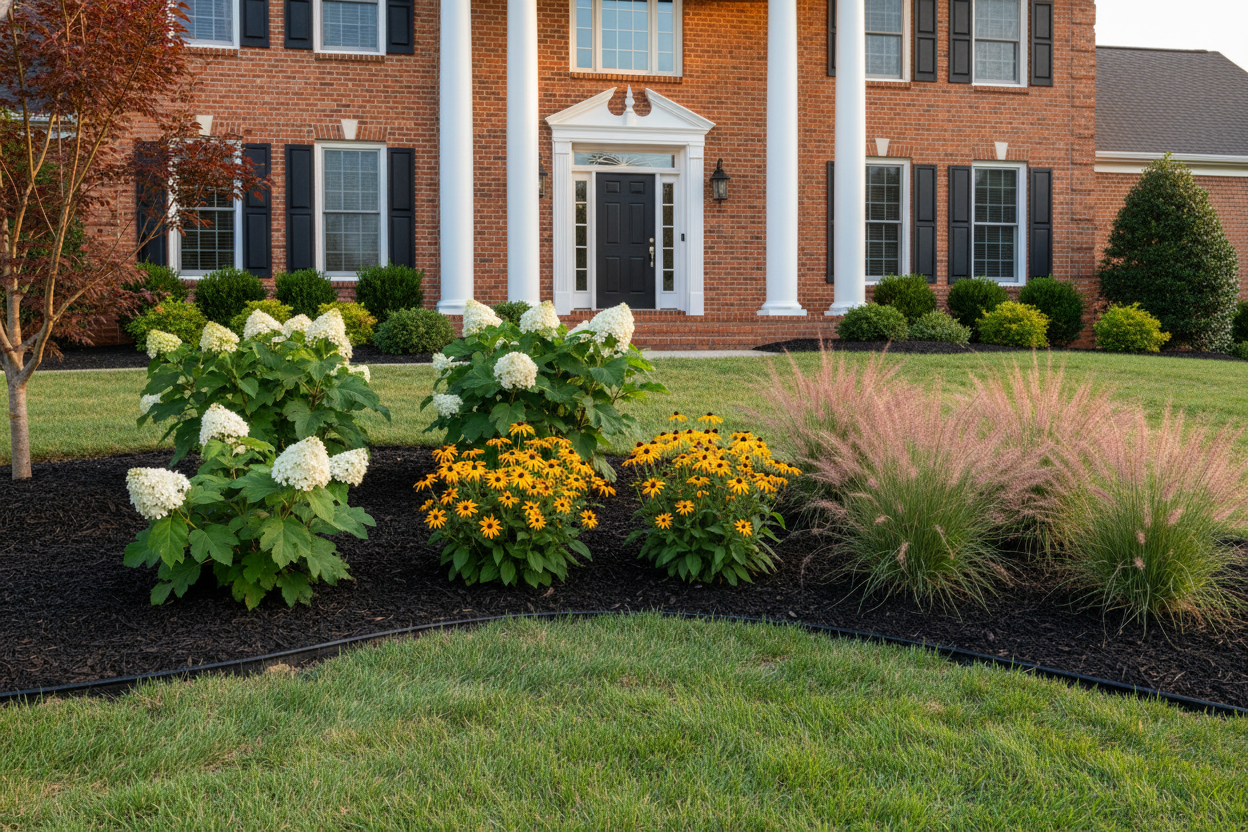 Native plant landscape design featuring Oakleaf Hydrangea and Pink Muhly Grass at a brick Huntsville Alabama home